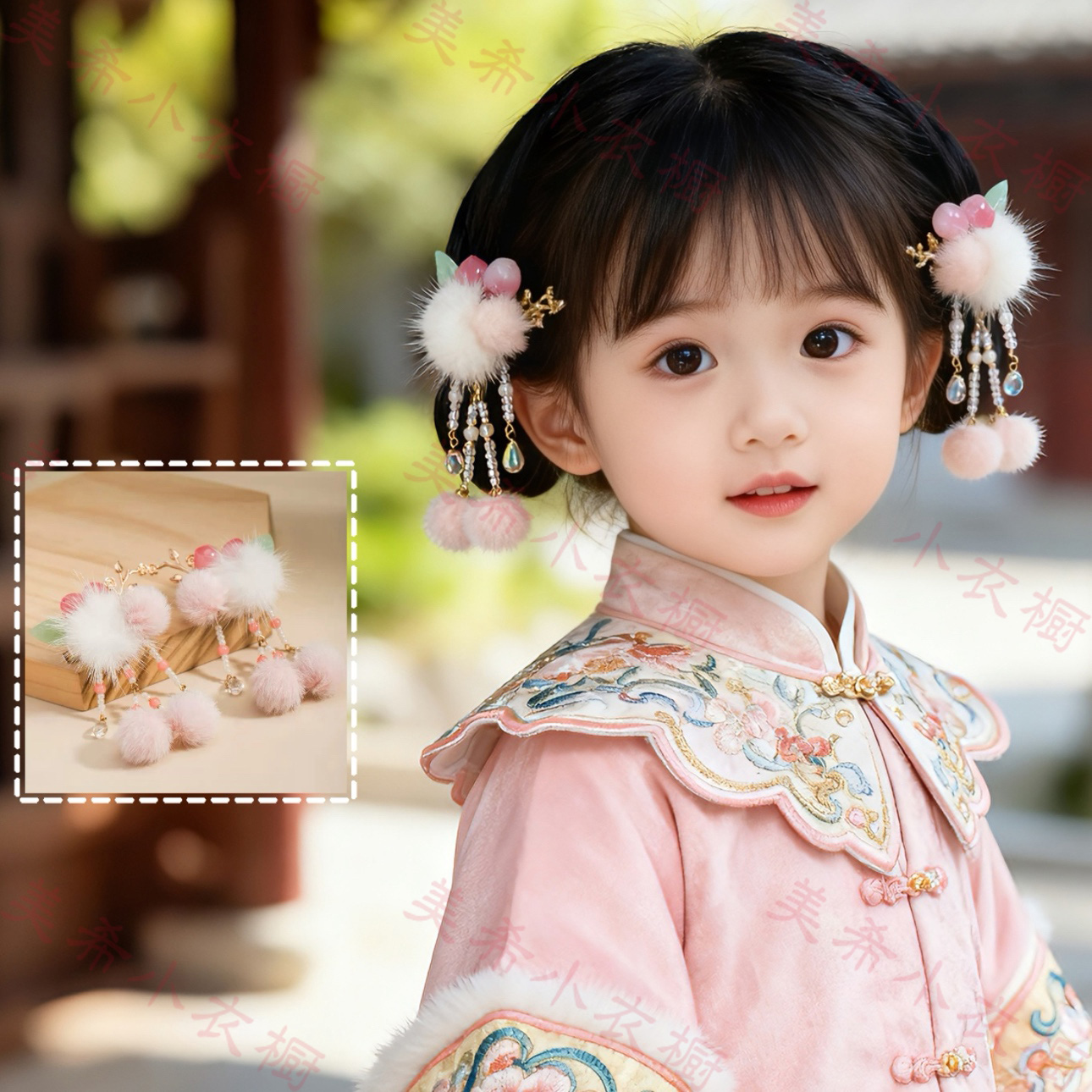 古风汉服发饰女童粉色毛球发夹发冠发钗头饰明制配饰国风新年套装