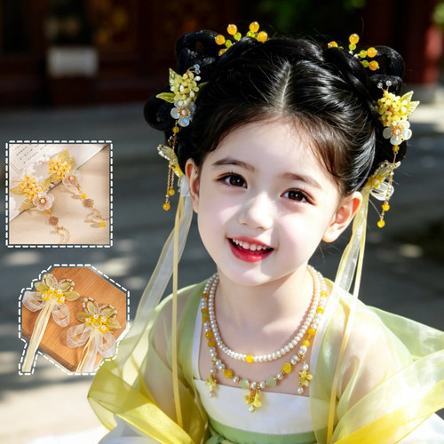 儿童古风发饰黄色桂花对夹套装汉服女童飘带流苏发夹超仙古装配饰