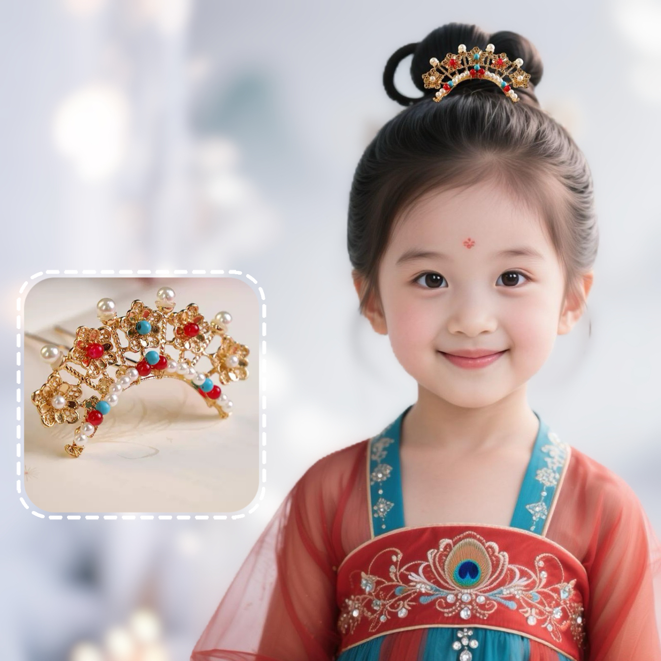 儿童汉服头饰女发梳唐制女童插梳饰品小公主顶簪发冠古风头冠发饰