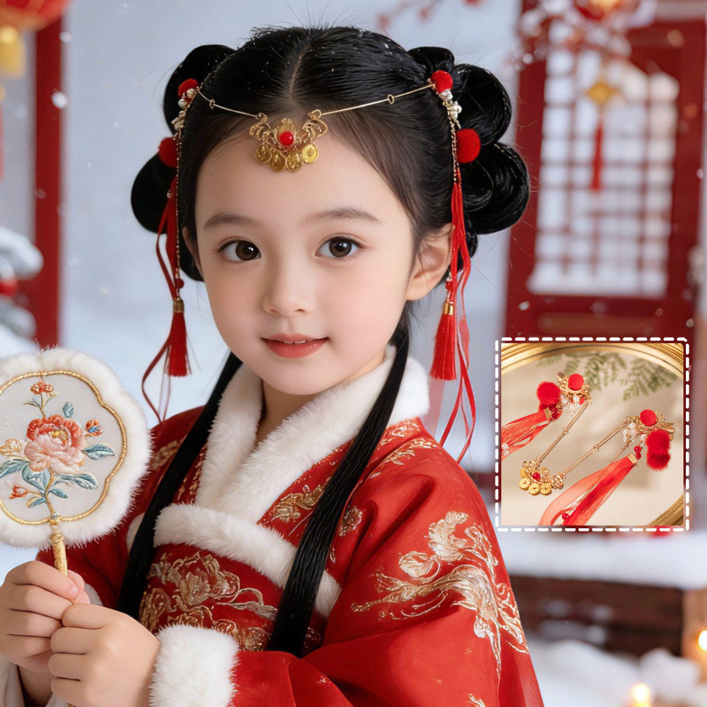 古风发饰眉心坠额链发夹毛球可爱儿童汉服头饰新年红色过年对夹,童装/婴儿装/亲子装,发饰,淘宝优惠券,粉丝福利购,淘宝优惠卷