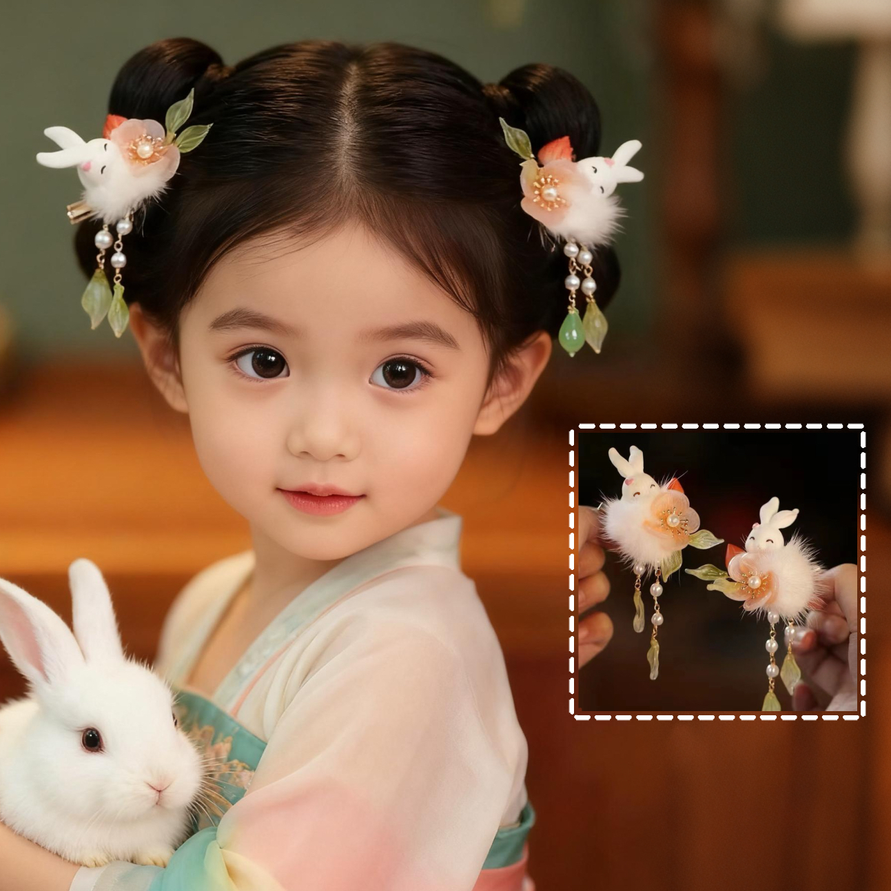 女童汉服发饰毛绒可爱兔子对夹毛球玉兔日常百搭发夹流苏头饰夹子