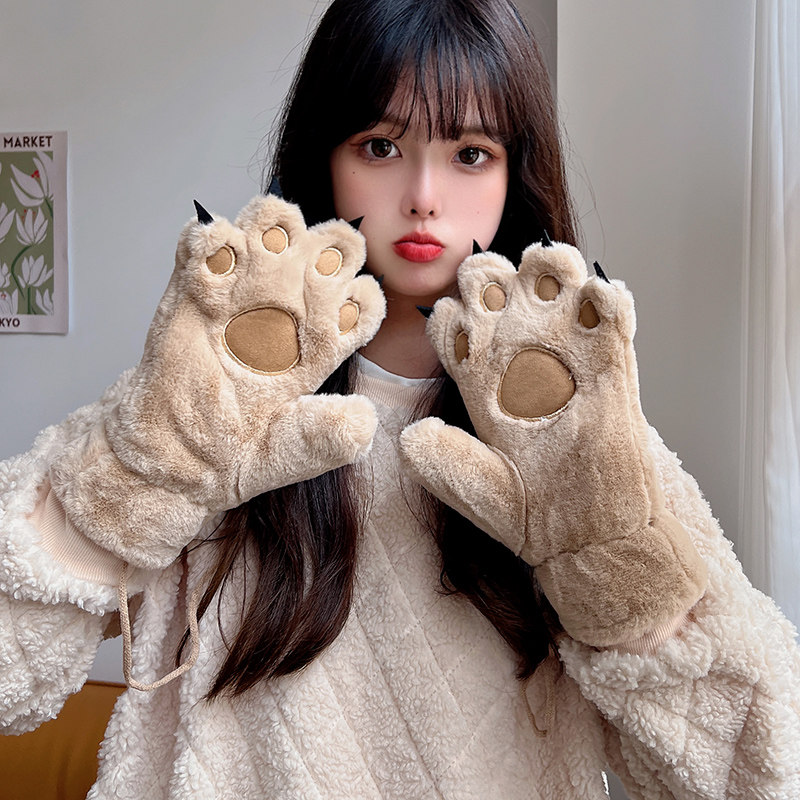 手套冬天女韩版ins可爱猫爪加绒加厚保暖骑车秋冬季全指棉手套潮