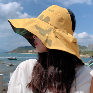 大沿遮阳防紫外线折叠渔夫太阳帽 防晒空顶帽子女韩版 遮脸黑胶夏季