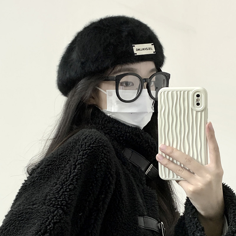 大头围时尚黑色贝雷帽女春秋英伦复古反戴前进帽秋冬兔毛画家帽子