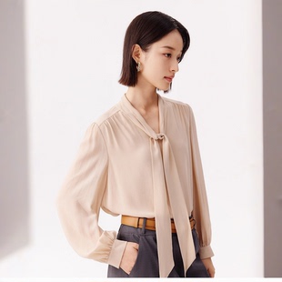 维格娜丝乐轩女装 VSC3Q3078C 2025早秋新款 飘带领错位双层气质衬衫
