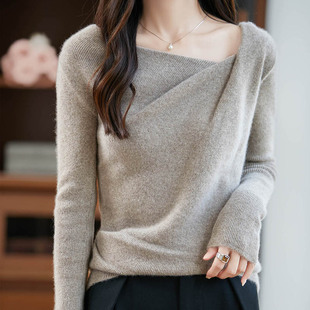 不规则四平褶皱领100%羊毛衫女秋冬新款纯色洋气内搭针织打底上衣