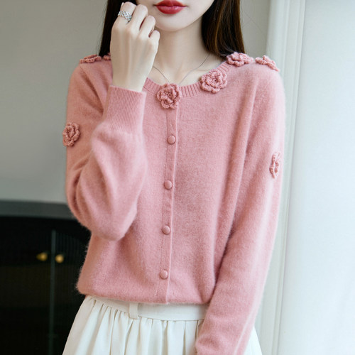 手工刺绣玫瑰花100%羊毛开衫女