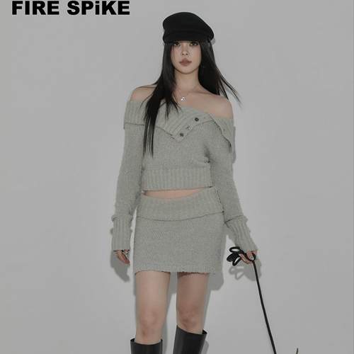韩式性感短裙火钉翻领上衣针织