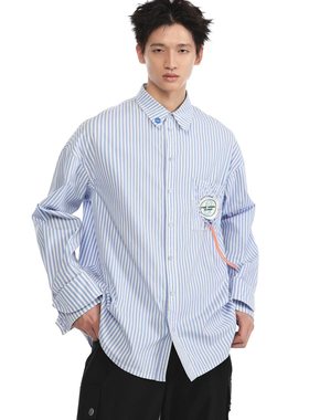 FIRE SPIKE火钉23原创解构蓝色条纹双袖口刺绣抽绳男女长袖衬衫
