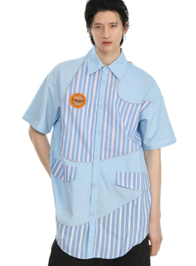 FIRESPIKE火钉24原创星际拼接条纹多层次蓝色短袖衬衫