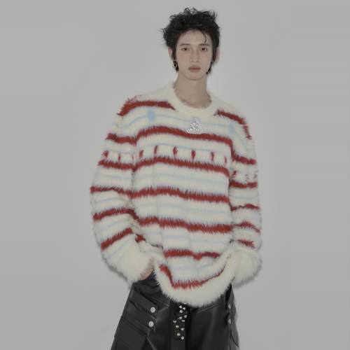 白红条纹休闲颗粒散点针织毛衣