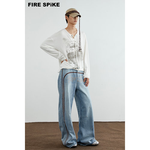 FIRESPIKE火钉棕色运动双杠原创字母铆钉烫钻字母水洗阔腿牛仔裤