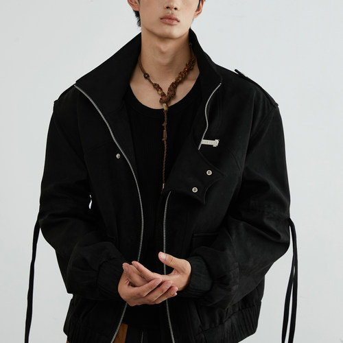 解构异形双门襟绑带麂皮休闲夹克