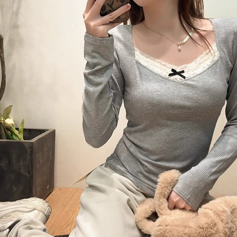 纯欲蕾丝拼接修身长袖打底小衫女秋冬v领锁骨辣妹内搭上衣