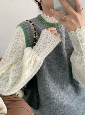 白色缕空蕾丝打底衫女秋冬设计感半高领修身洋气内搭长袖T恤上衣