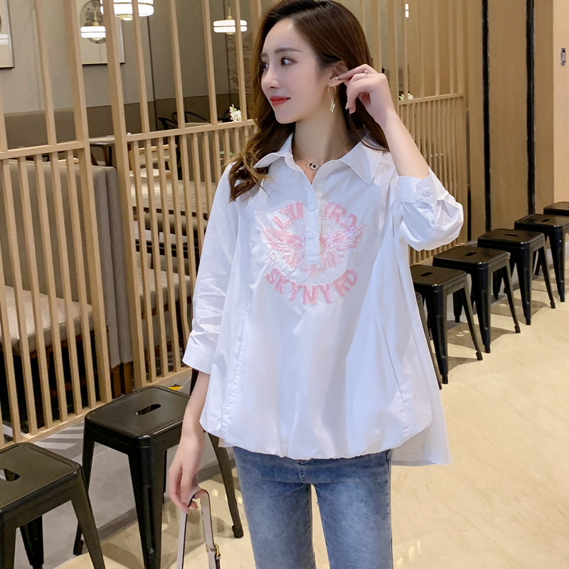 白色衬衫女夏季韩版宽松七分袖洋气衬衣娃娃领时尚百搭上衣娃娃衫