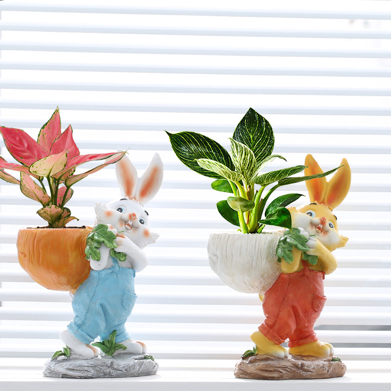 创意个性仙人掌文竹桌边扛萝卜造型摆件花盆可爱卡通兔子多肉花盆