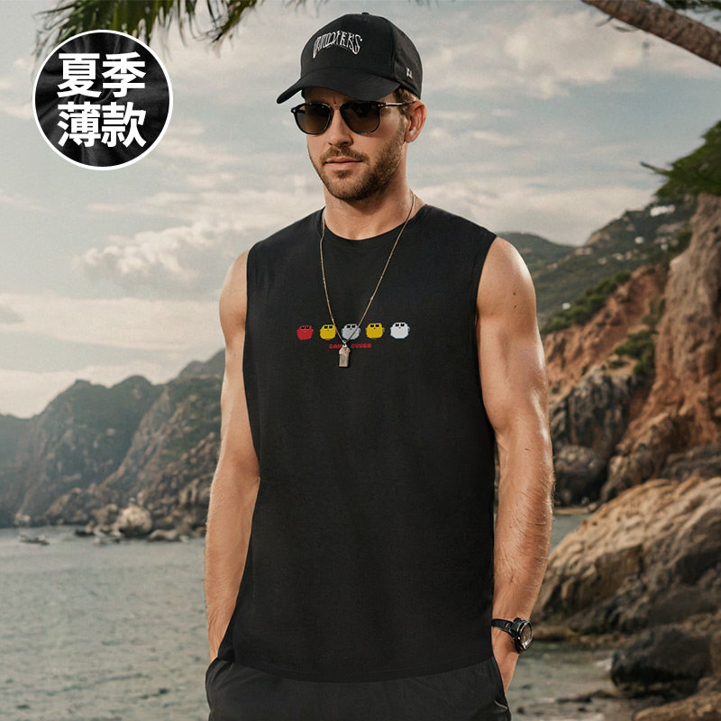 坎肩薄款背心男夏季潮牌宽松跨栏运动大码美式健身男士肥仔砍袖衫