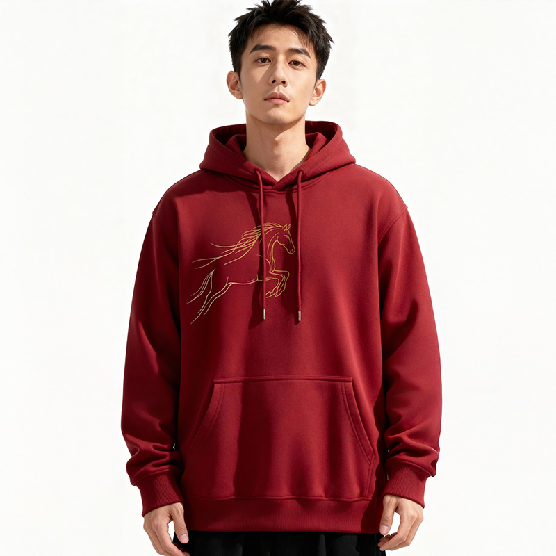 秋冬宽松加绒连帽卫衣2026新年马年本命年大码男装酒红色新款衣服