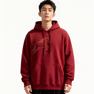 秋冬宽松加绒连帽卫衣2026新年马年本命年大码男装酒红色新款衣服