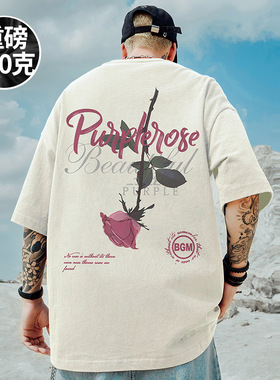 玫瑰印花大码短袖t恤男夏季美式潮牌ins街头痞帅宽松学生百搭体恤
