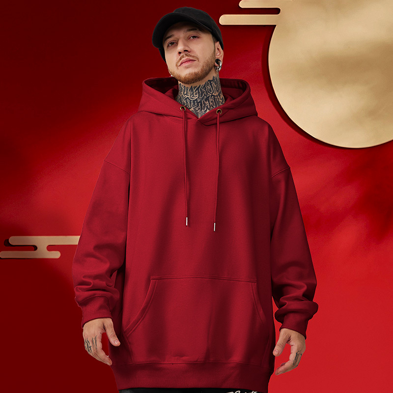 马年新款2026春季帽衫纯色宽松加绒红色连帽卫衣男大码男装打底衫