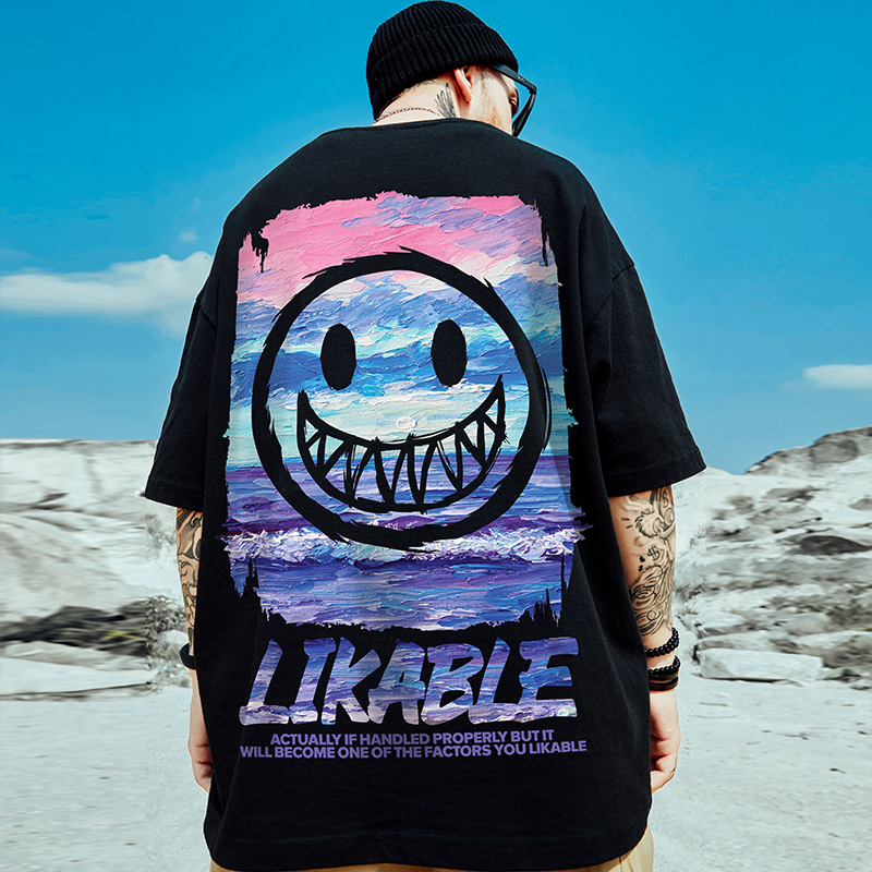 小恶魔鬼脸潮牌短袖bf风油画印花