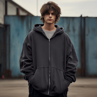 大码开衫卫衣男秋冬款美式重磅夹克男生衣服潮牌连帽情侣加绒外套