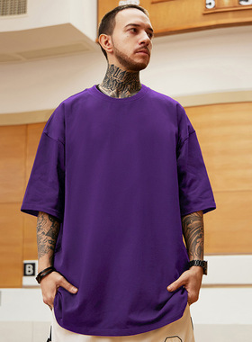 加肥加大纯色宽松T恤情侣装纯棉胖子紫色半袖大码男短袖五分袖夏