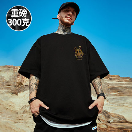 300g重磅潮牌宽松胖子半袖T恤短袖五分袖纯棉黑色加肥加大码男装