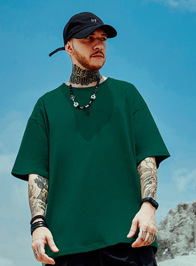 加肥加大码纯色宽松T恤绿色情侣纯棉胖子半袖男打底衫短袖五分袖