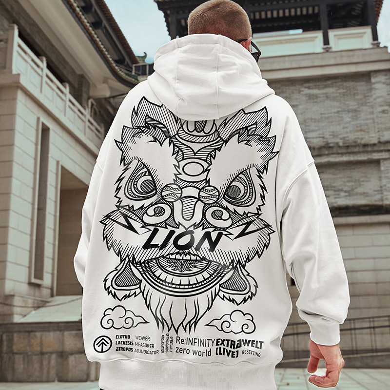 中国风醒狮oversize胖子连帽衫