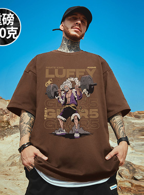 300g重磅日系潮牌宽松T恤学生短袖卡通情侣大码男装咖色半袖夏季