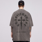 美式 t恤男 重磅纯棉潮牌宽松复古水洗做旧潮流夏圆领加肥加大短袖