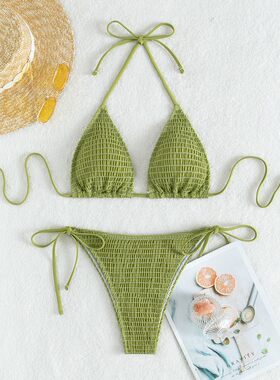 欧美ins辣妹比基尼系带挂脖褶皱分体泳衣纯色网红同款泳装Bikini
