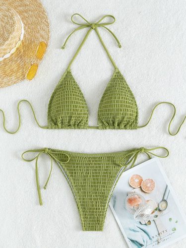 欧美ins辣妹比基尼系带挂脖褶皱分体泳衣纯色网红同款泳装Bikini