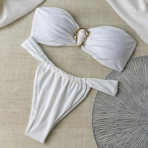 抹胸纯色比基尼后背绑带T裤分体泳衣沙滩度假泳装海边显瘦bikini