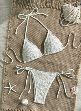 欧美性感白色蕾丝比基尼可调节系带挂脖分体泳衣沙滩泳装bikini