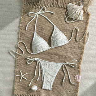 欧美性感白色蕾丝比基尼可调节系带挂脖分体泳衣沙滩泳装 bikini
