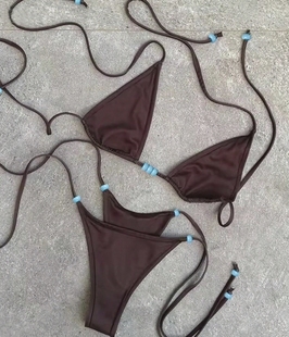 串珠可调节抽绳比基尼欧美成熟风辣妹分体泳衣温泉显瘦泳装 bikini