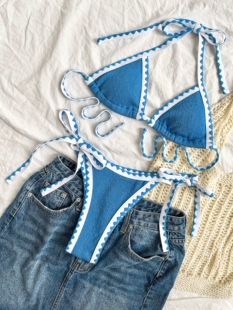 bikini 比基尼欧美ins风拼色分体泳衣性感辣妹泳装 时尚 系带三点式