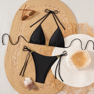 系带挂脖三点式 绑带bikini 比基尼纯色辣妹分体泳衣高级感显瘦泳装