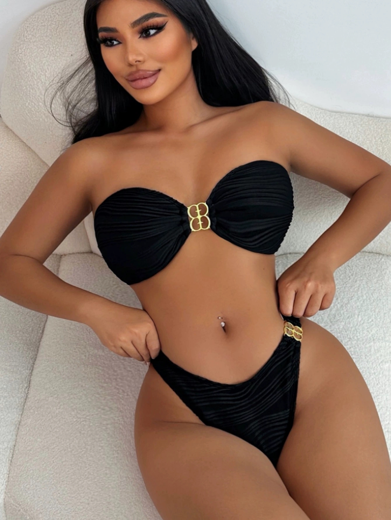 黑色抹胸比基尼度假纯欲风分体泳衣欧美ins显瘦泳装高级感bikini
