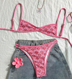 印花性感三角杯比基尼沙滩显瘦三点式 bikini 分体泳衣辣妹度假泳装