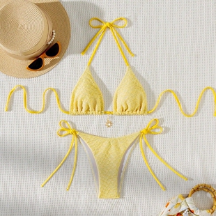 黄色性感三点式 bikini 比基尼可调节系带挂脖分体泳衣沙滩显瘦泳装