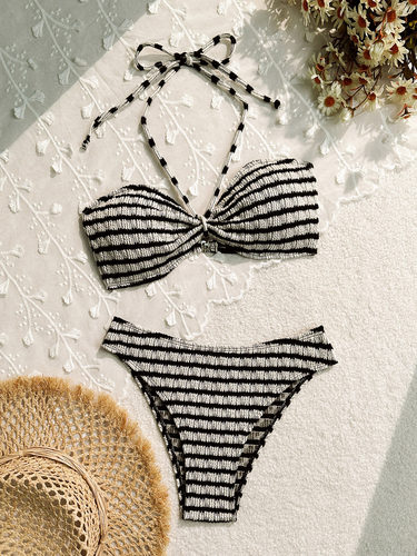 系带挂脖抹胸分体泳衣欧美ins条纹比基尼沙滩显瘦泳装温泉bikini