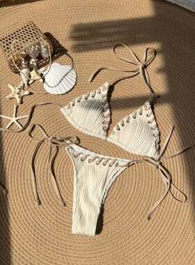 甜美个性系带挂脖分体泳衣欧美ins风三角杯比基尼温泉辣妹bikini
