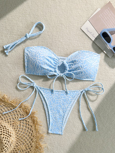 抹胸压花比基尼性感显瘦分体泳衣网红辣妹T裤 温泉女士bikini 泳装