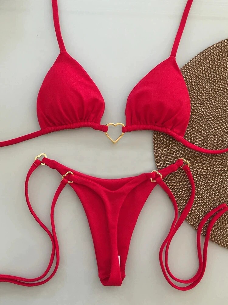 爱心装饰三点比基尼小胸聚拢系带挂脖分体泳衣辣妹泳装套装bikini