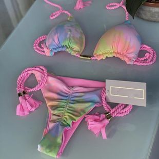 Bikini 温泉性感编绳泳衣女绑带三角分体比基尼系带挂脖ins风泳装